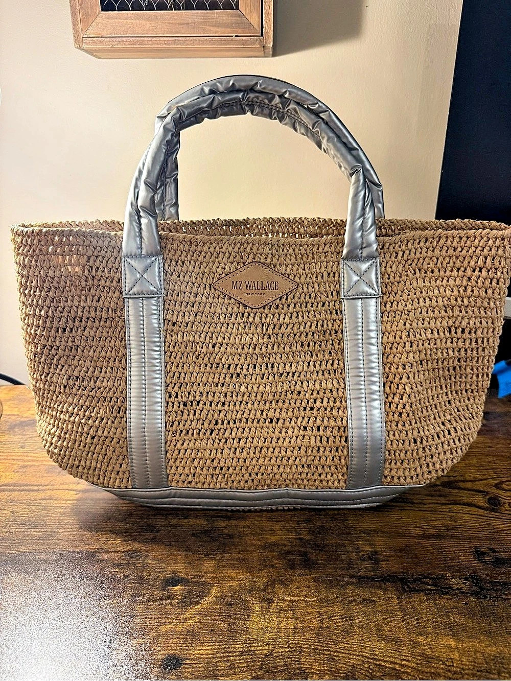 MZ WALLACE Medium Raffia Tote Brown & Gray